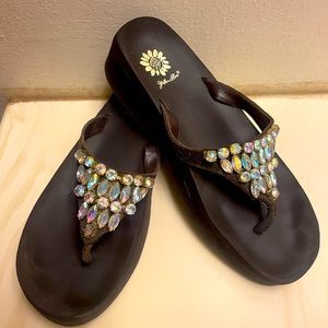Yellow box flip flops with beaded stones